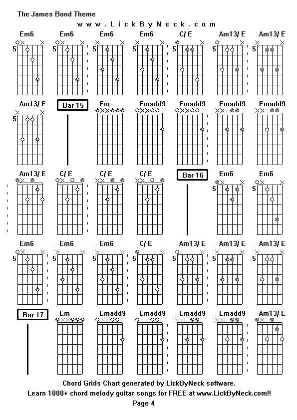 Chord Grids Chart of chord melody fingerstyle guitar song-The James Bond Theme,generated by LickByNeck software.